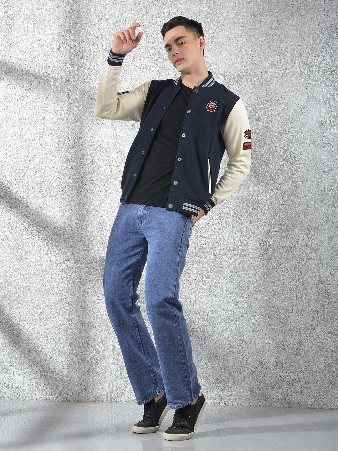 Numero Uno Men Applique Blue Front Open Buttoned Sweatshirt